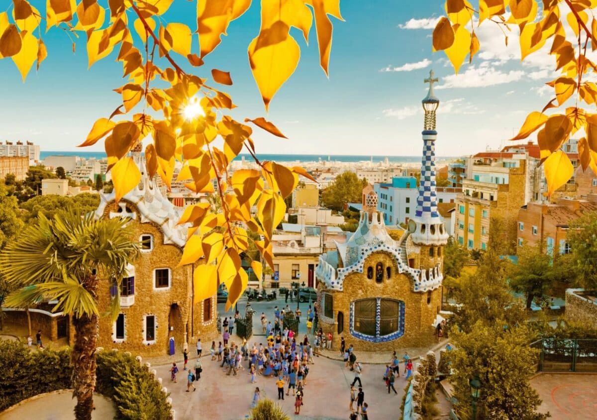 Barcelona Park Guell in fall with some beautiful fall foliage 