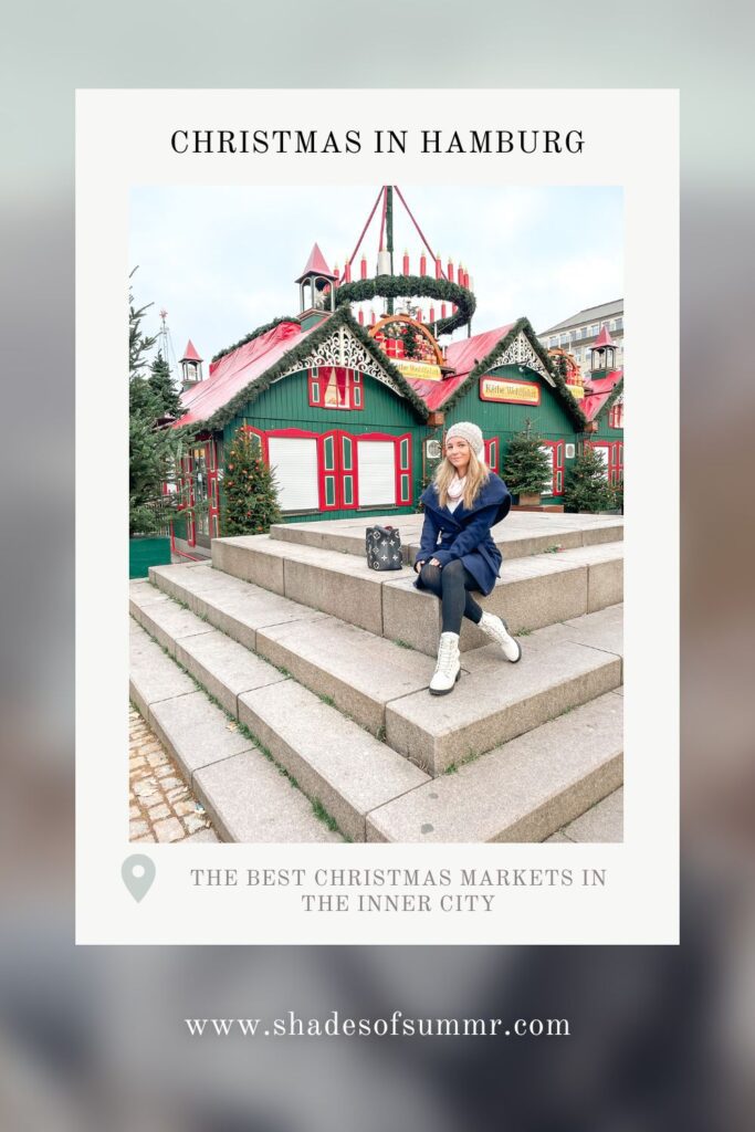 Picture of girl on christmas market in Hamburg with text the best christmas markets in the inner city - Christmas in Hamburg