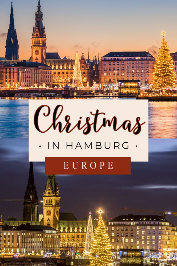 Collage of two pictures of the Hamburg town hall during Christmas times and with christmas markets and text Christmas in Hamburg