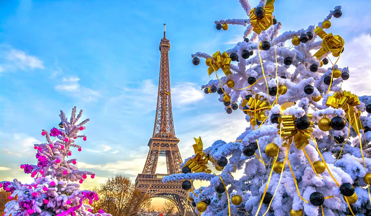 picture of the eiffel tower in winter in paris with christmas decorations in front