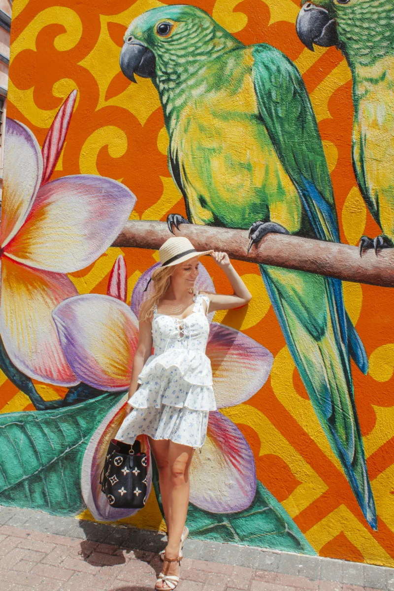 the author in willemstad posing next to a colorful wall which makes willemstad curacao worth visiting