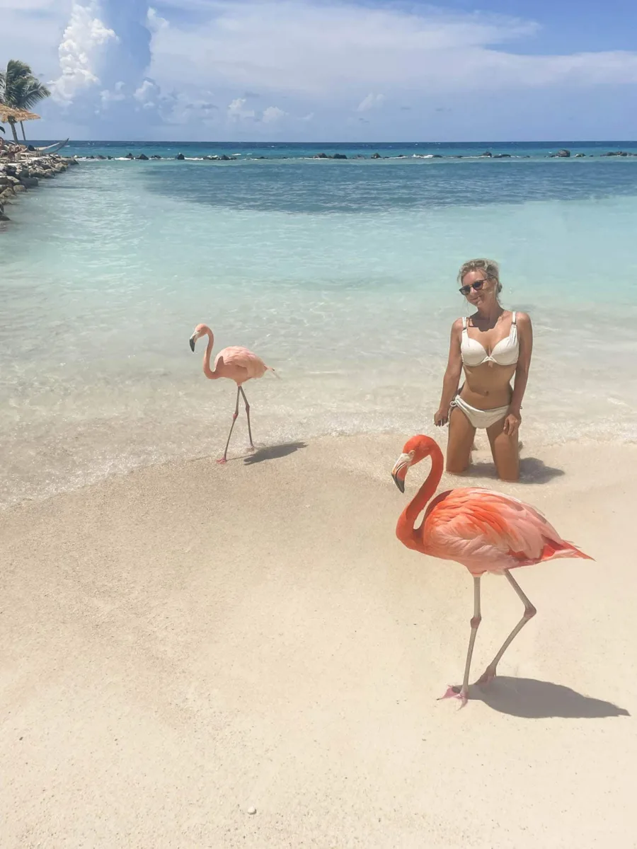 author with flamingos on renaissance island beach