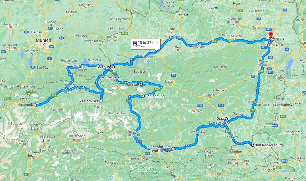A map of the ideal 10-day road trip in Austria