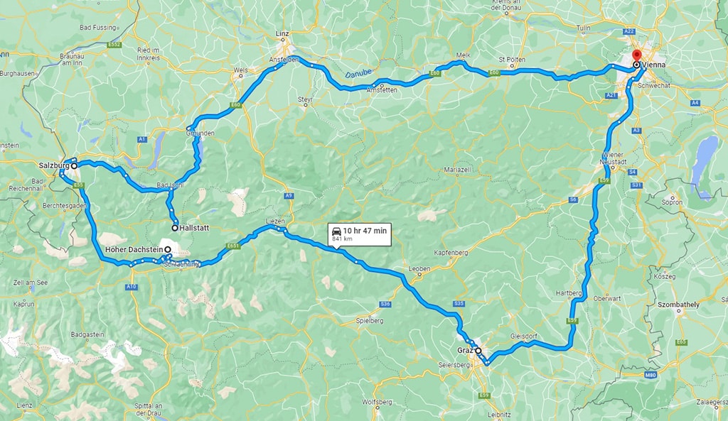 A map of a 4-day road trip in Austria