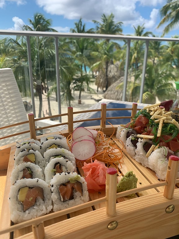Sushi at mambo beach nicely presented on a boat