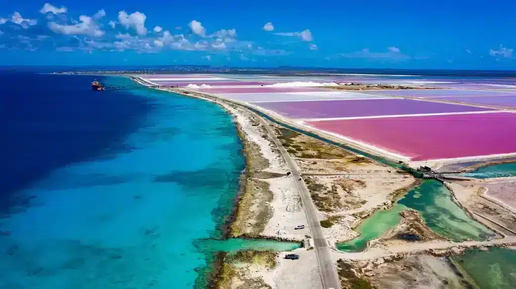 Drone footage of the pink salt lakes in Bonaire 