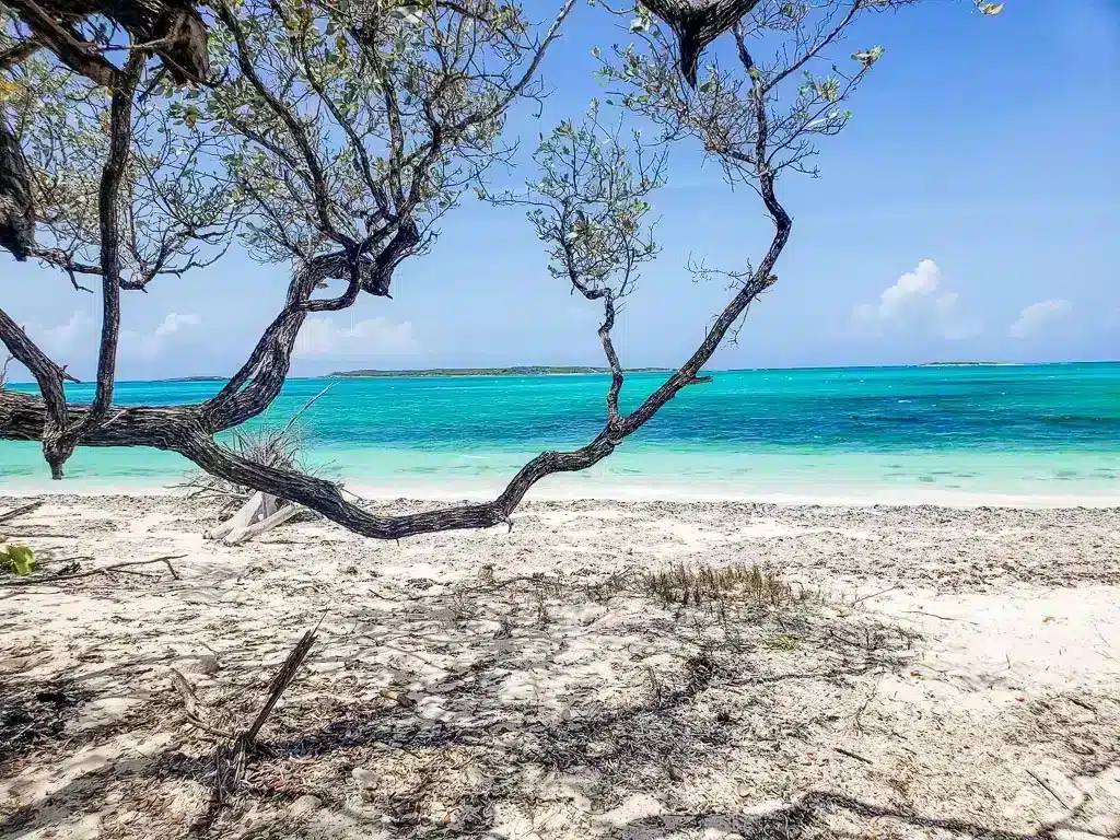 Beautiful white sandy beach and blue water in Exuma Bahamas