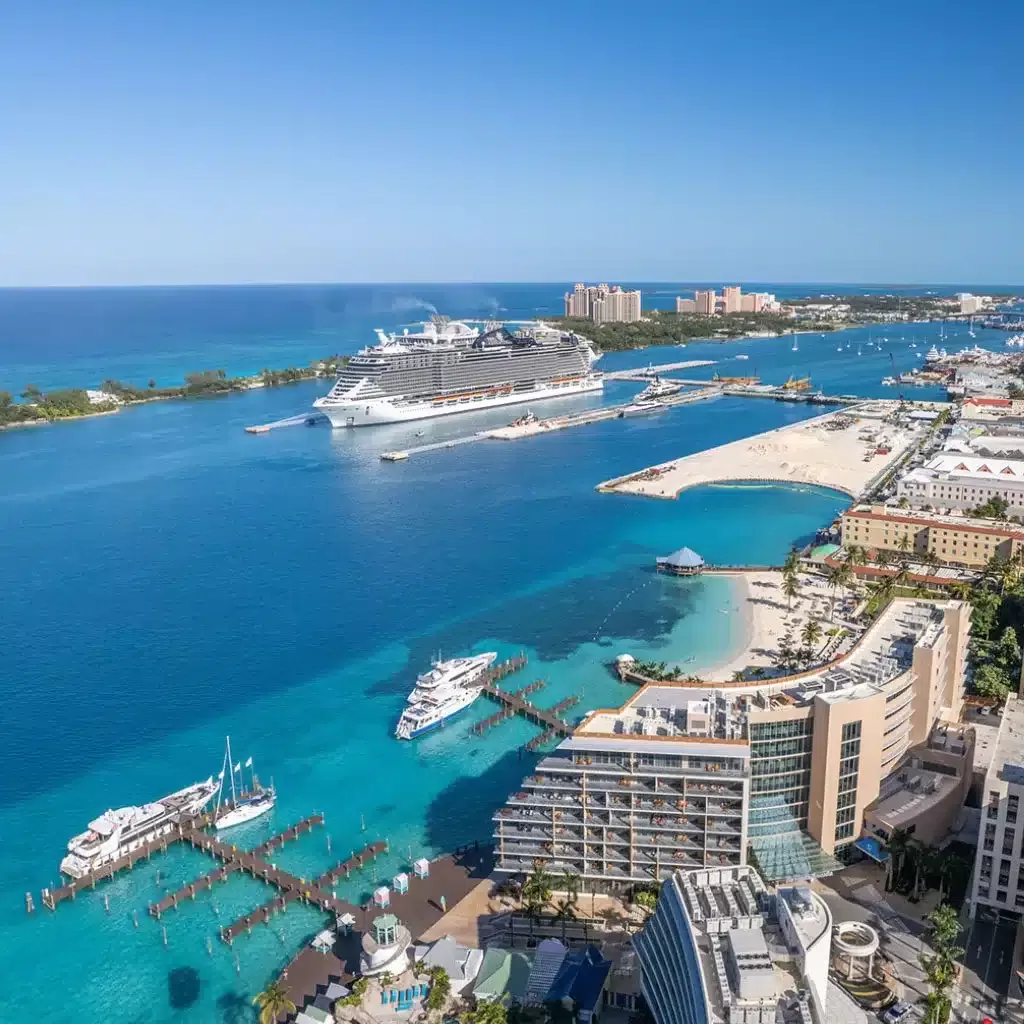 Nassau Bahamas beach drone view with cruise ship in harbor