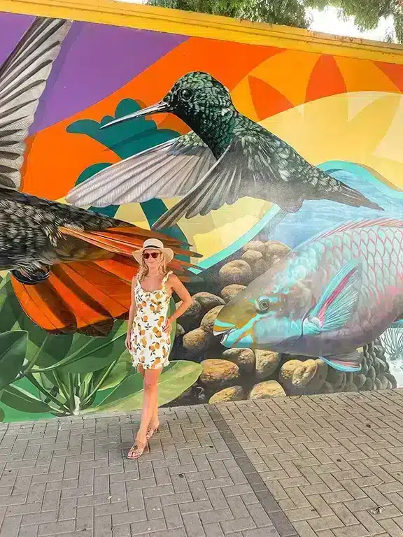 Author in a cute dress in front of wall with street art in Aruba
