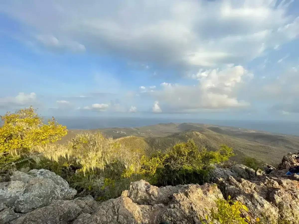 nice view from the top of the christoffel mountain over lots of hills and mountains in the western part of curacao