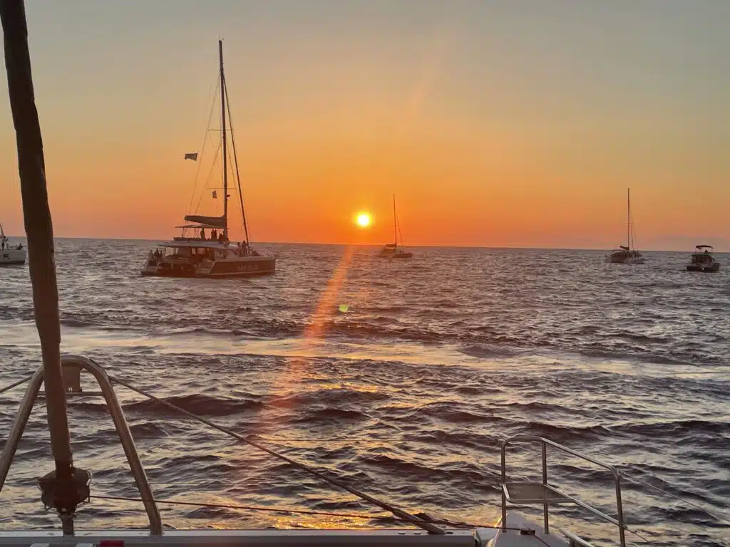 sunset with lots of catamarans swimming 