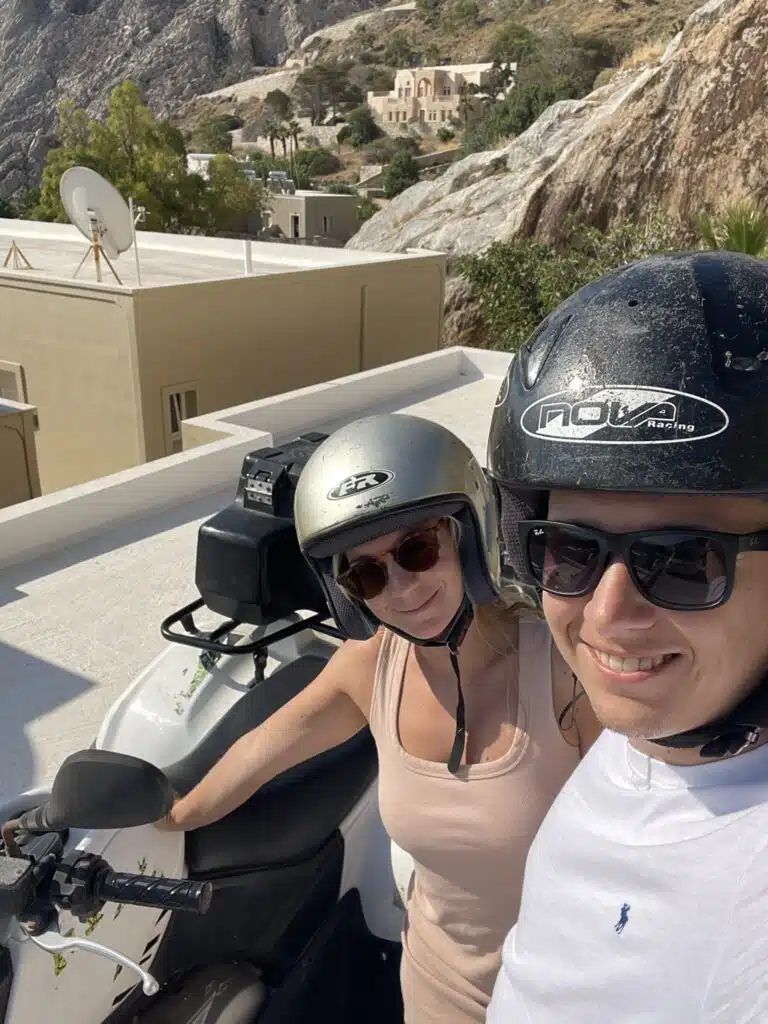 The author and her husband with their ATV in Santorini