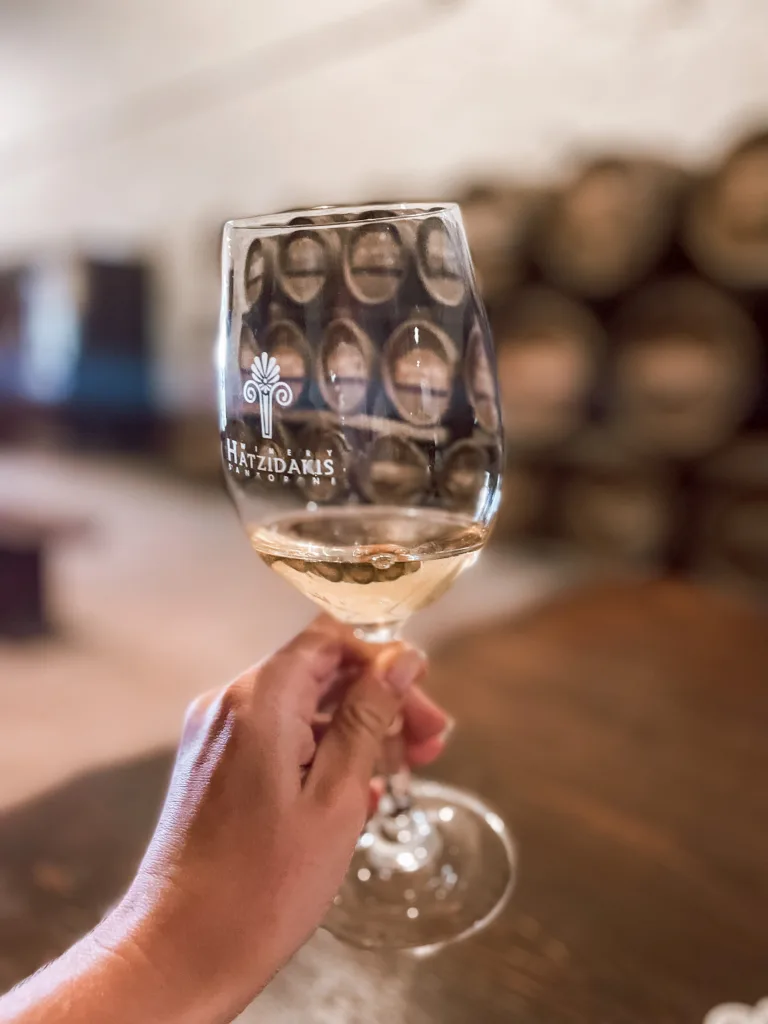 wine glass in focus with wine barrels in the background in Santorini at Hatzidakis winery