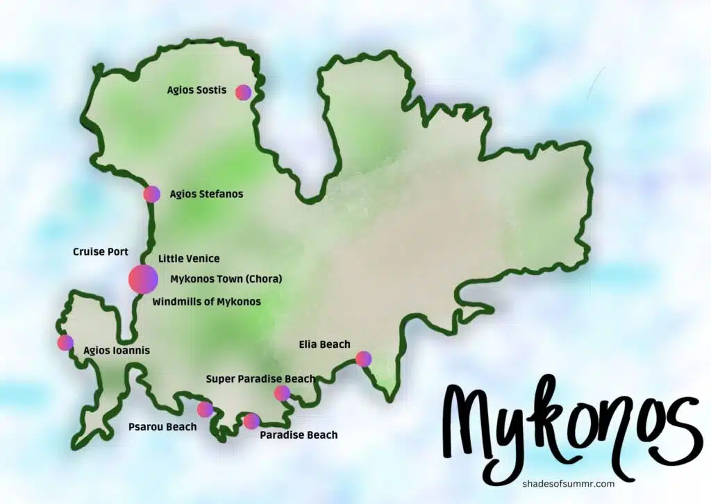 illustrated map of mykonos