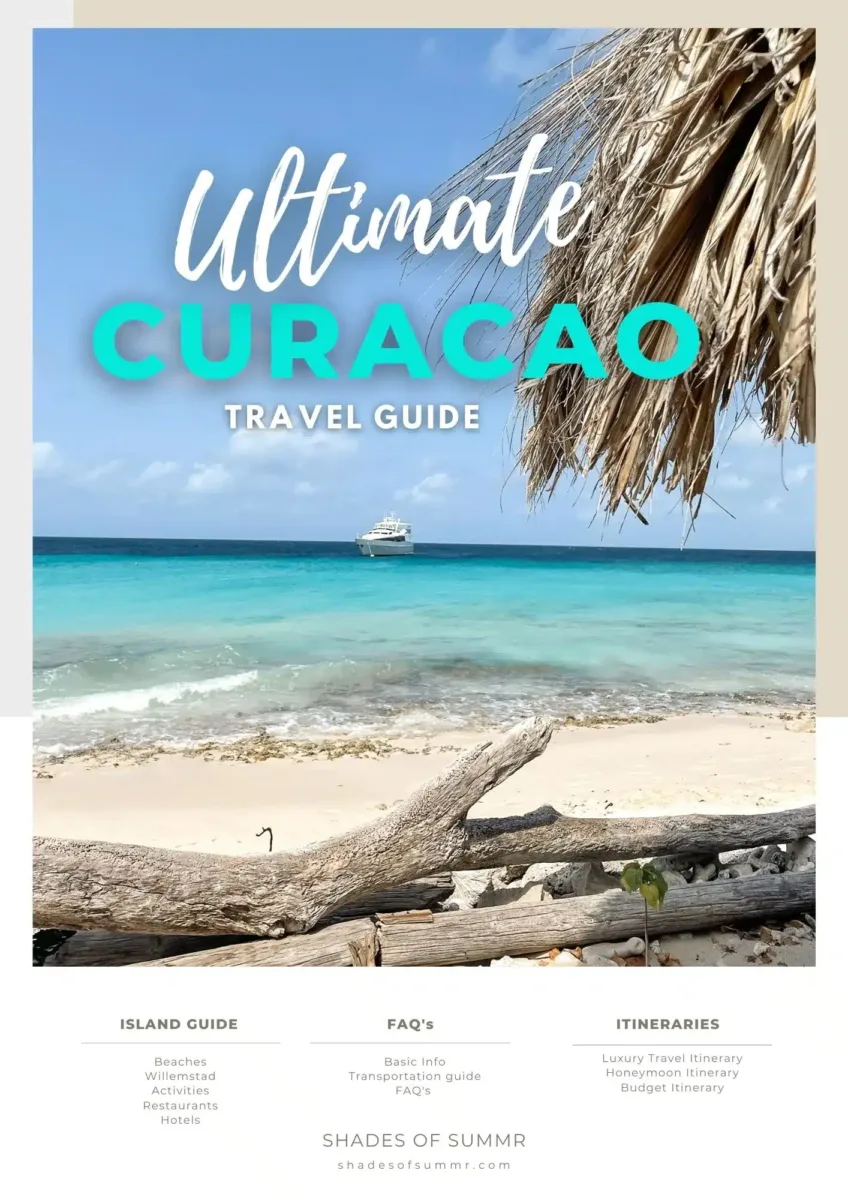 Cover page of my ultimate Curacao Travel Guide Book including a picture of Klein curacao and an overview of whats in the guide: island guide, beaches, willemstad, activities, restaurants, hotels, FAQs, Transportation Guide, Basic Info, Luxury Travel Itinerary, Budget Travel Itinerary and Honeymoon Travel Itinerary