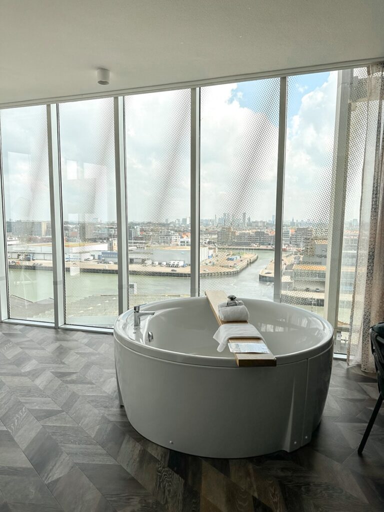 Freestanding Bathtub at the Inntel Hotels The Hague Marina Beach Wellness Suite with view over Scheveningen Beach