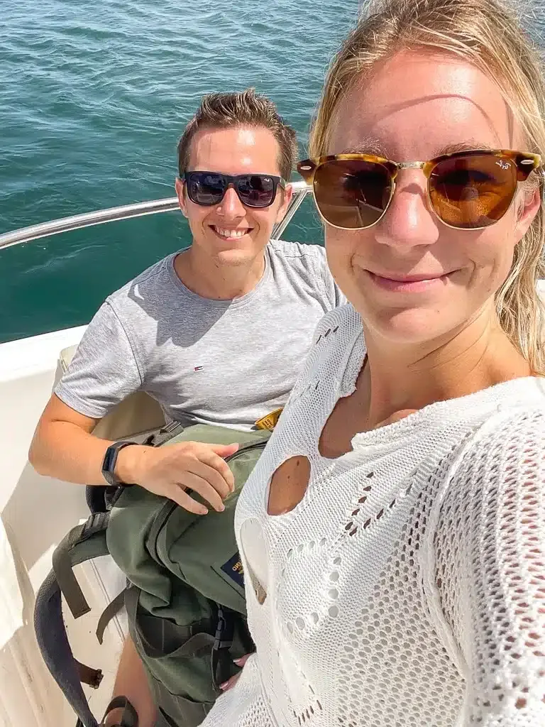 the author and her husband on a private boat tour in curacao 