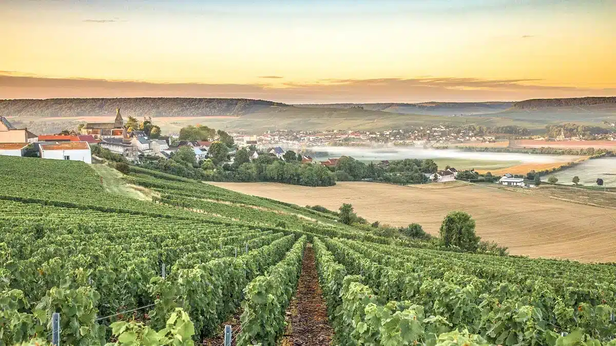 wijngaarden met dorpen van de champagnestreek op de achtergrond