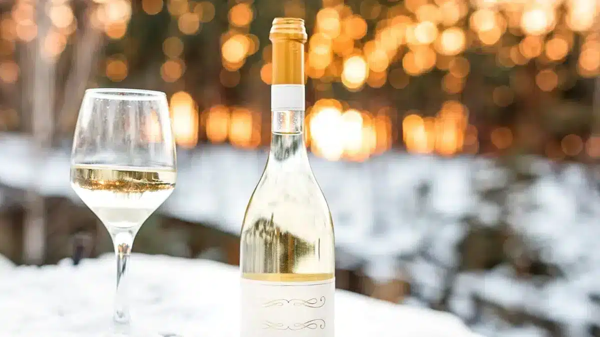 a glass of champagne with a bottle in front of a snowy background