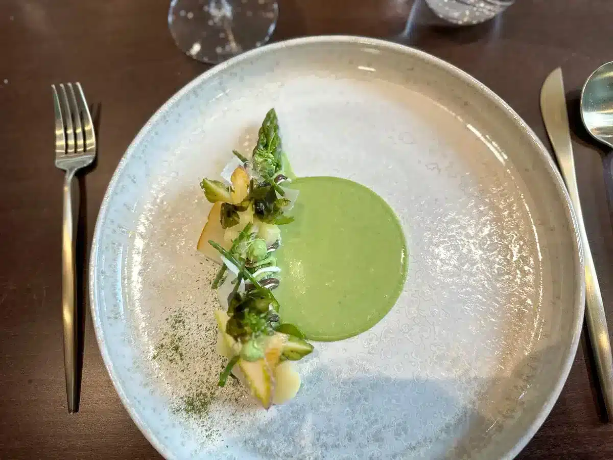 dish with fish and asparagus in a fine dining manner