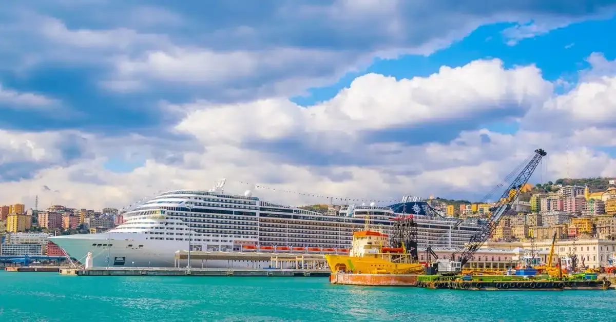 big msc fantasia in port cruise ship with blue sea in front