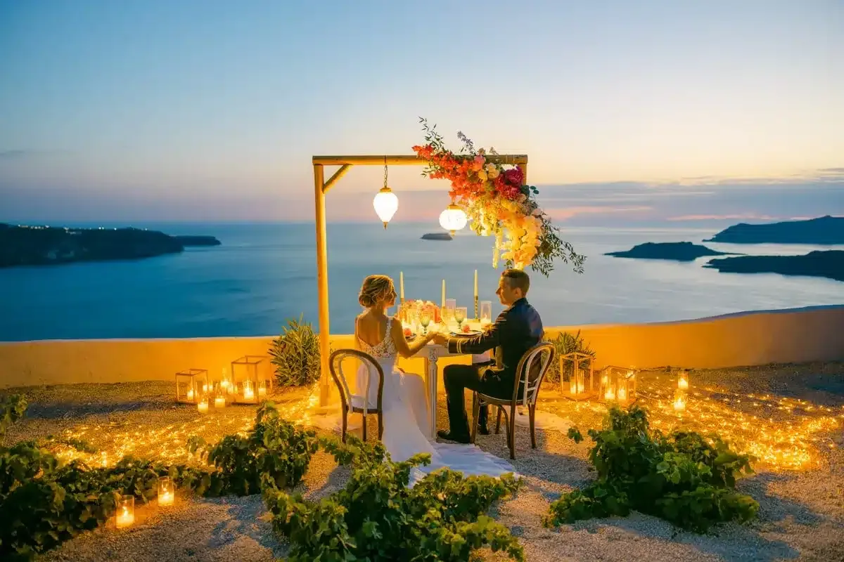 the author and her husband getting married in santorini at sunset 