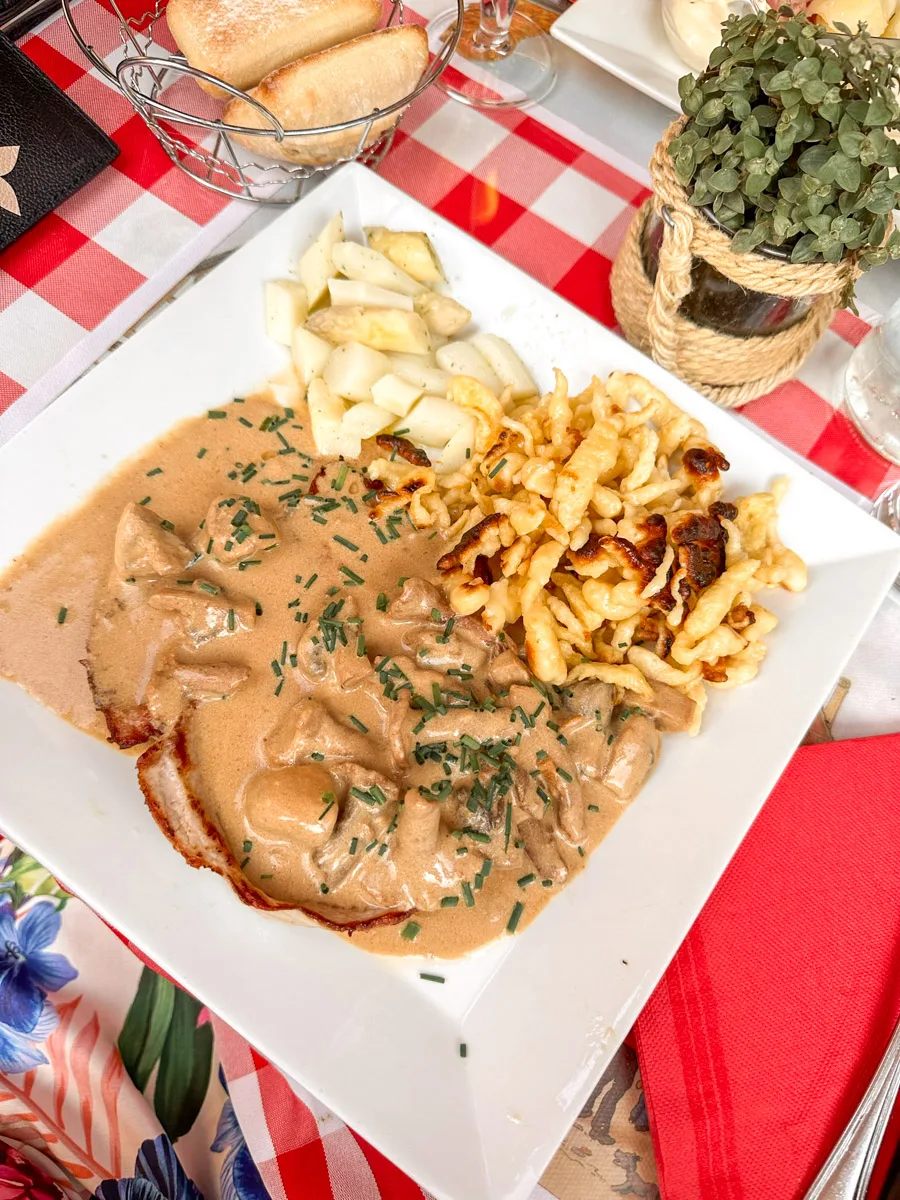 delicious meat with mushrooms and spaetzle in colmar 