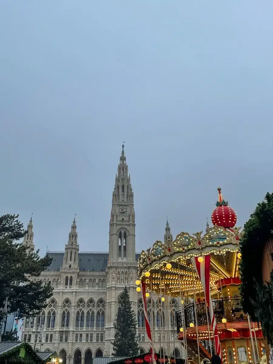 picture of the christmas market on town hall square with beautiful decorations 
