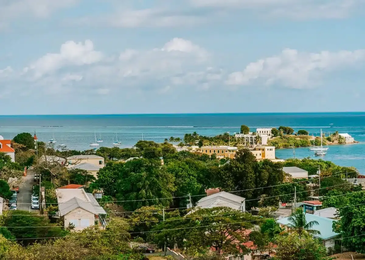 beautiful shot of st croix houses and hotels with ocean in background of the caribbean in december 