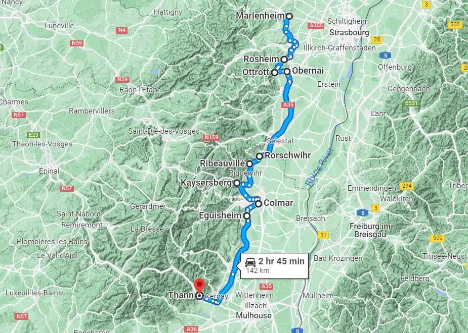 alsace wine route road trip itinerary on google maps