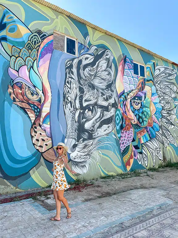 author posing in front of street art in san nicolaas