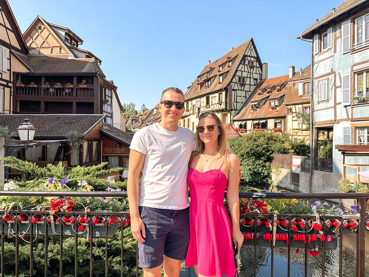 The author and her husband in Little Venice in the alsatian town of Colmar enjoying a sunny day 