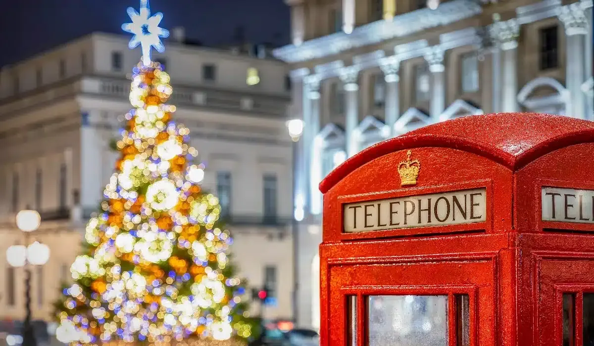 typical london phone cell in red with a christmas tree in the background