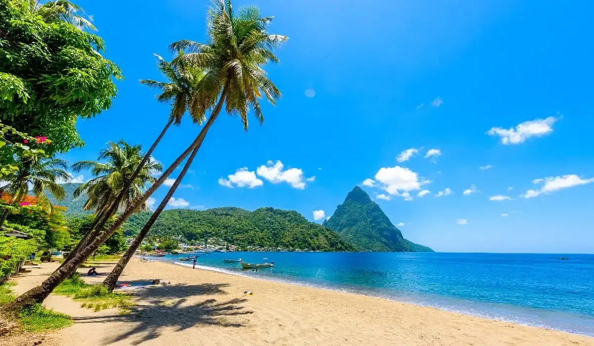 shot of saint lucia beach with famous mountain behind it beautiful caribbean island in december 
