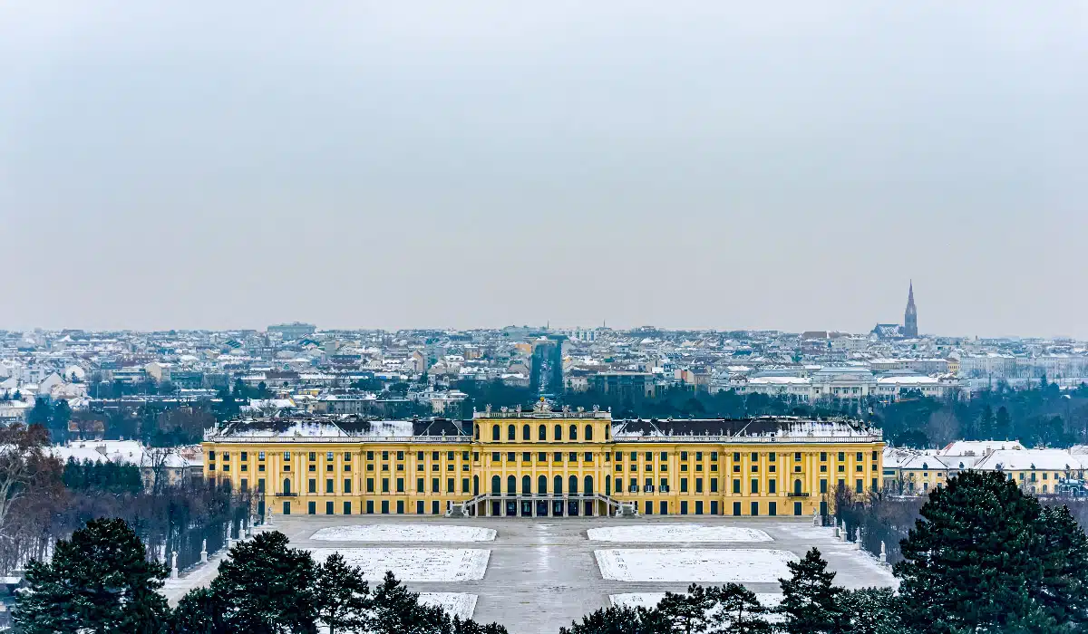 picture of the schoenbrunn palace in vienna from above with snow 