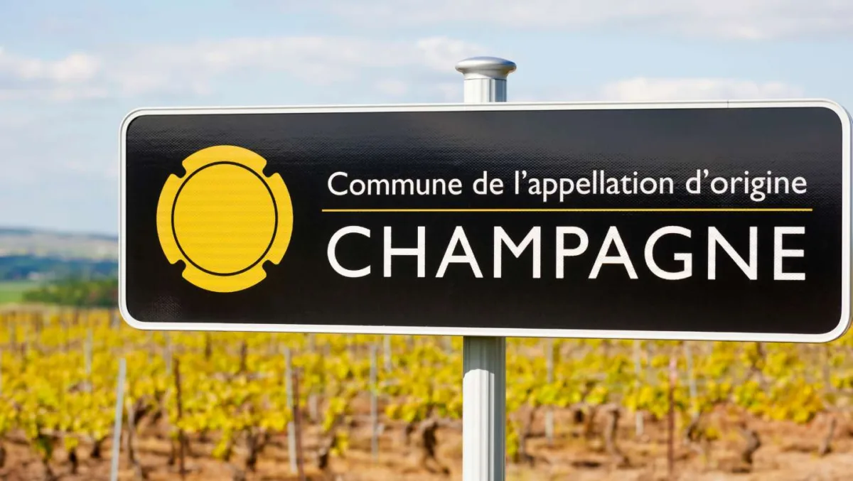 sign of champagne region with some vineyards in the background 