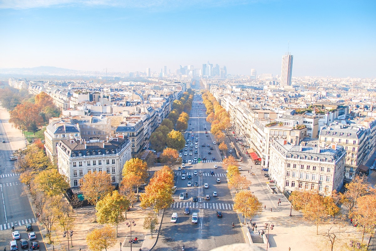 drone shot from the champs elysees shopping street in paris
