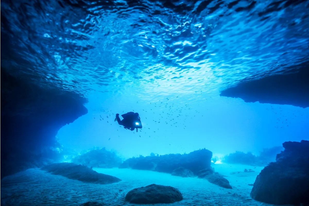picture of a scuba diver under a school of fish in deep blue water with a flashlight on in curacao