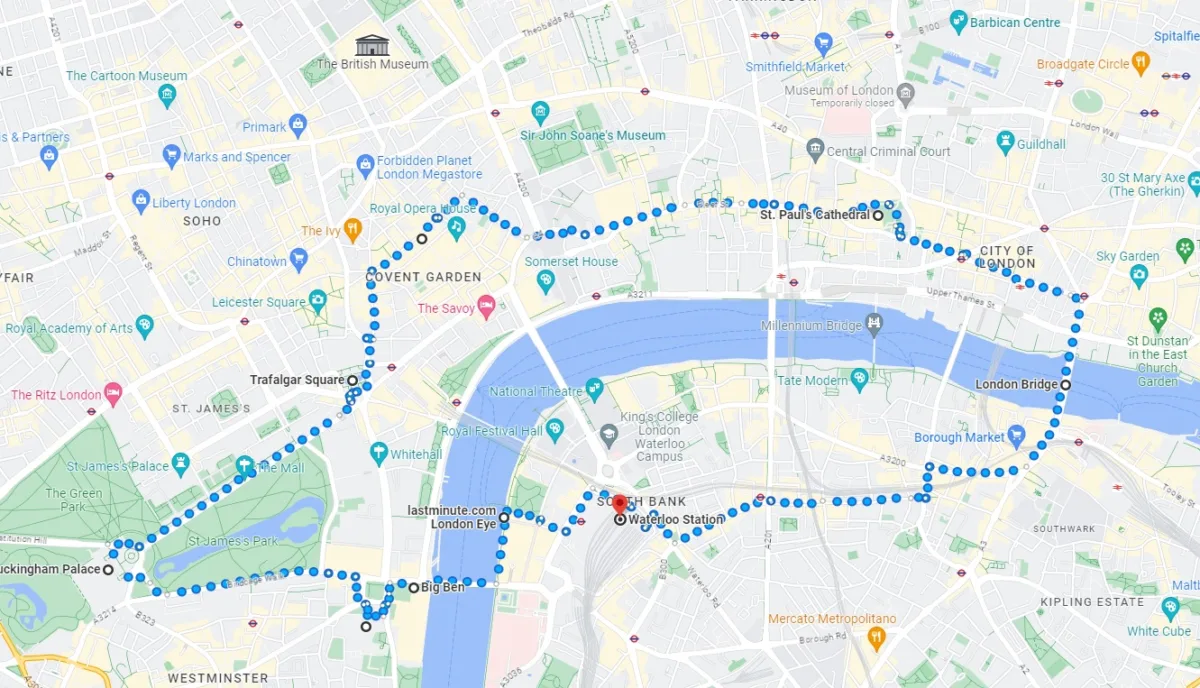 google maps screenshot of london with a london walking tour map marked with top hot spots in london
