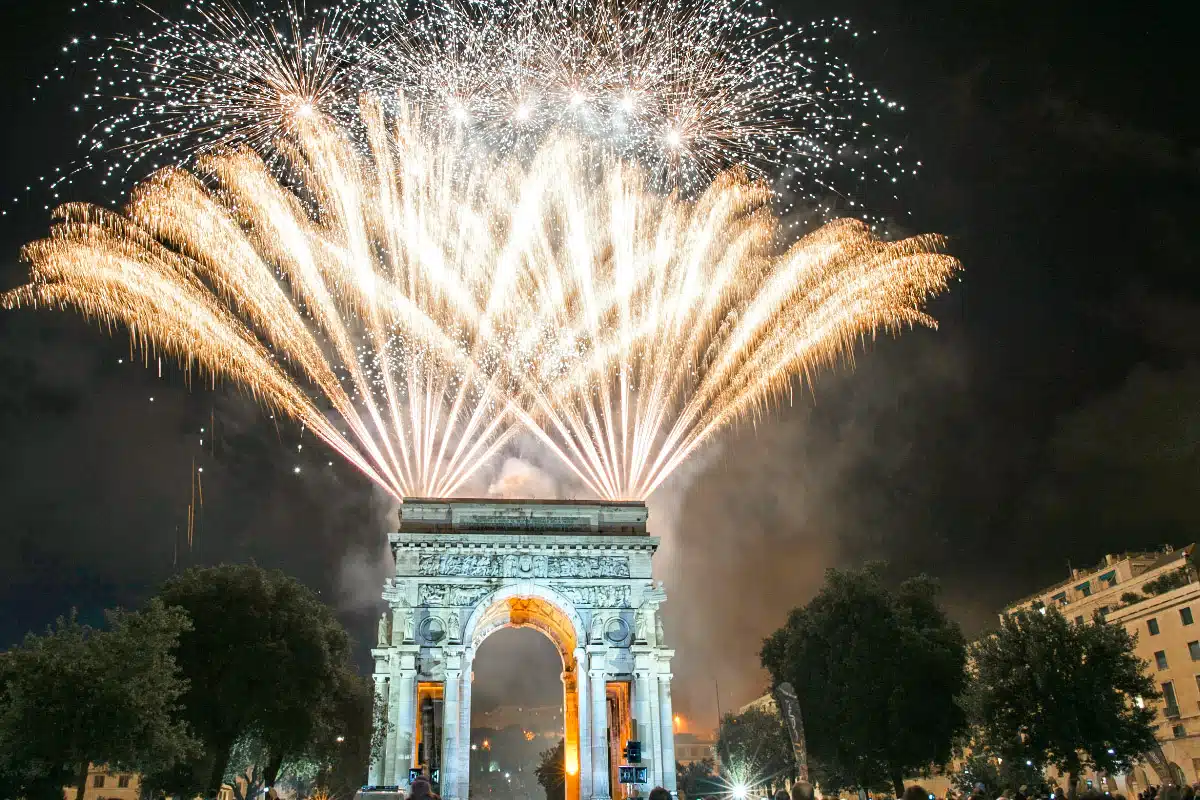 new years eve over the arc the triomphe in paris with fireworks