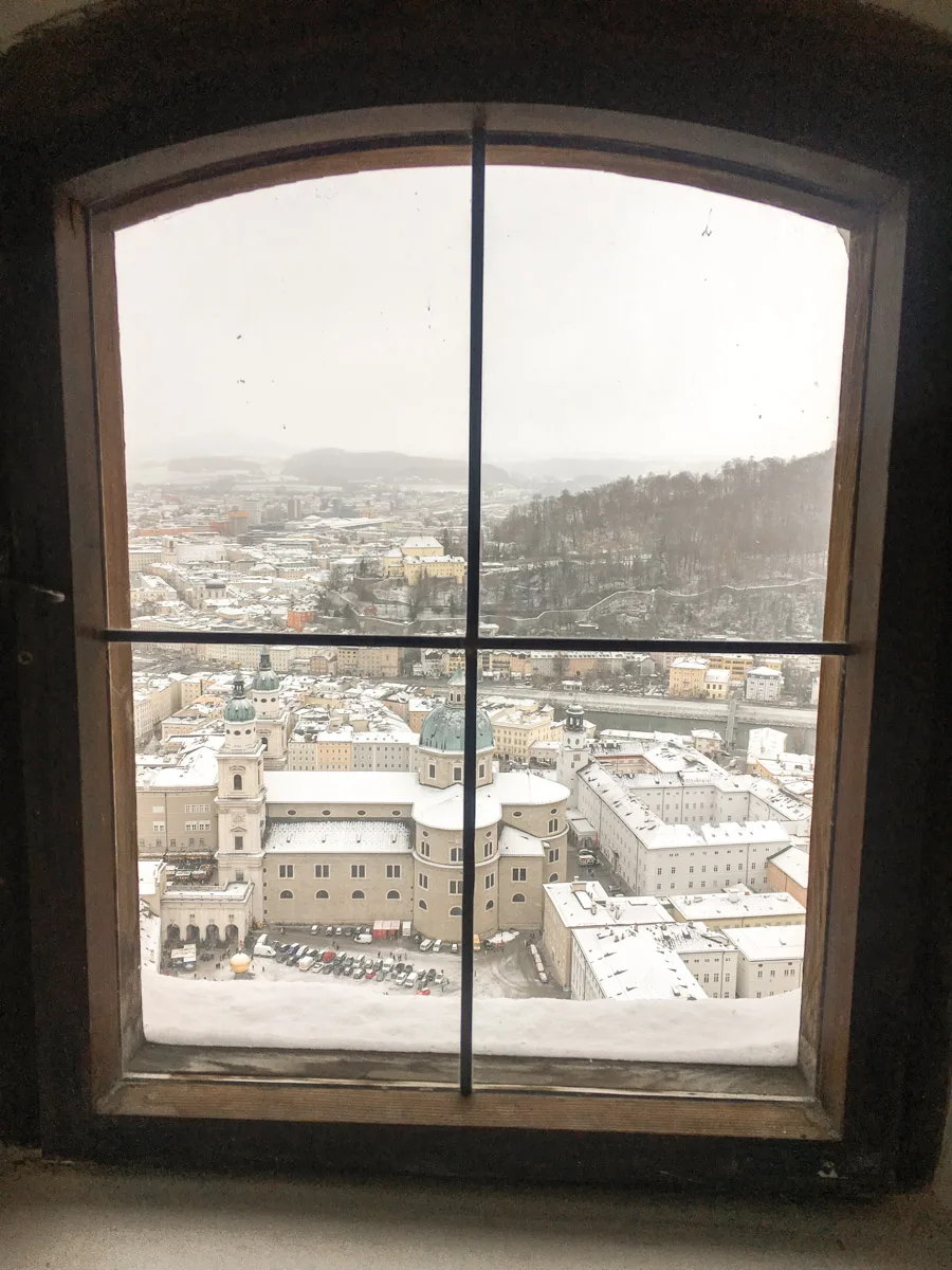 view from schloss hohensalzburg over the city in winter