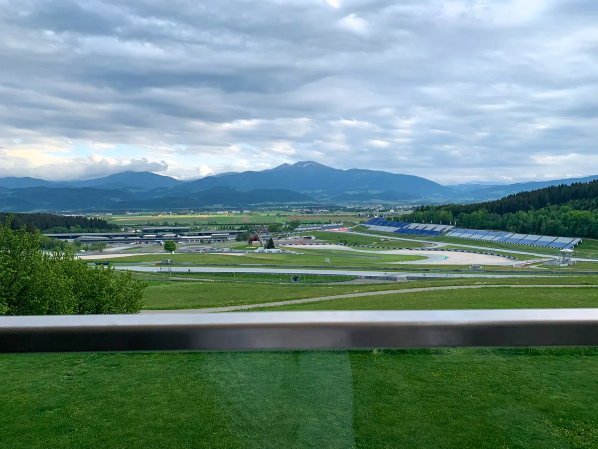 picture view of the Red Bull Ring from the terrace of the hotel Schoenberghof