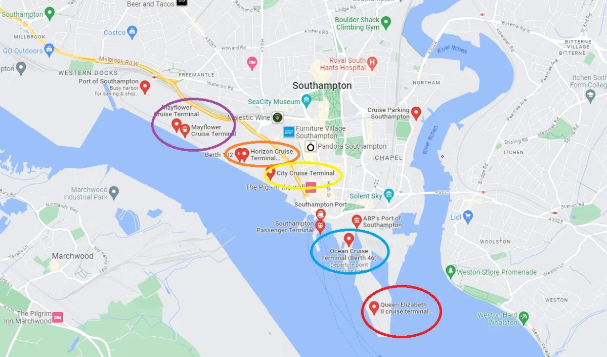 Map of the Southampton Cruise Port with all terminals in colorful circles