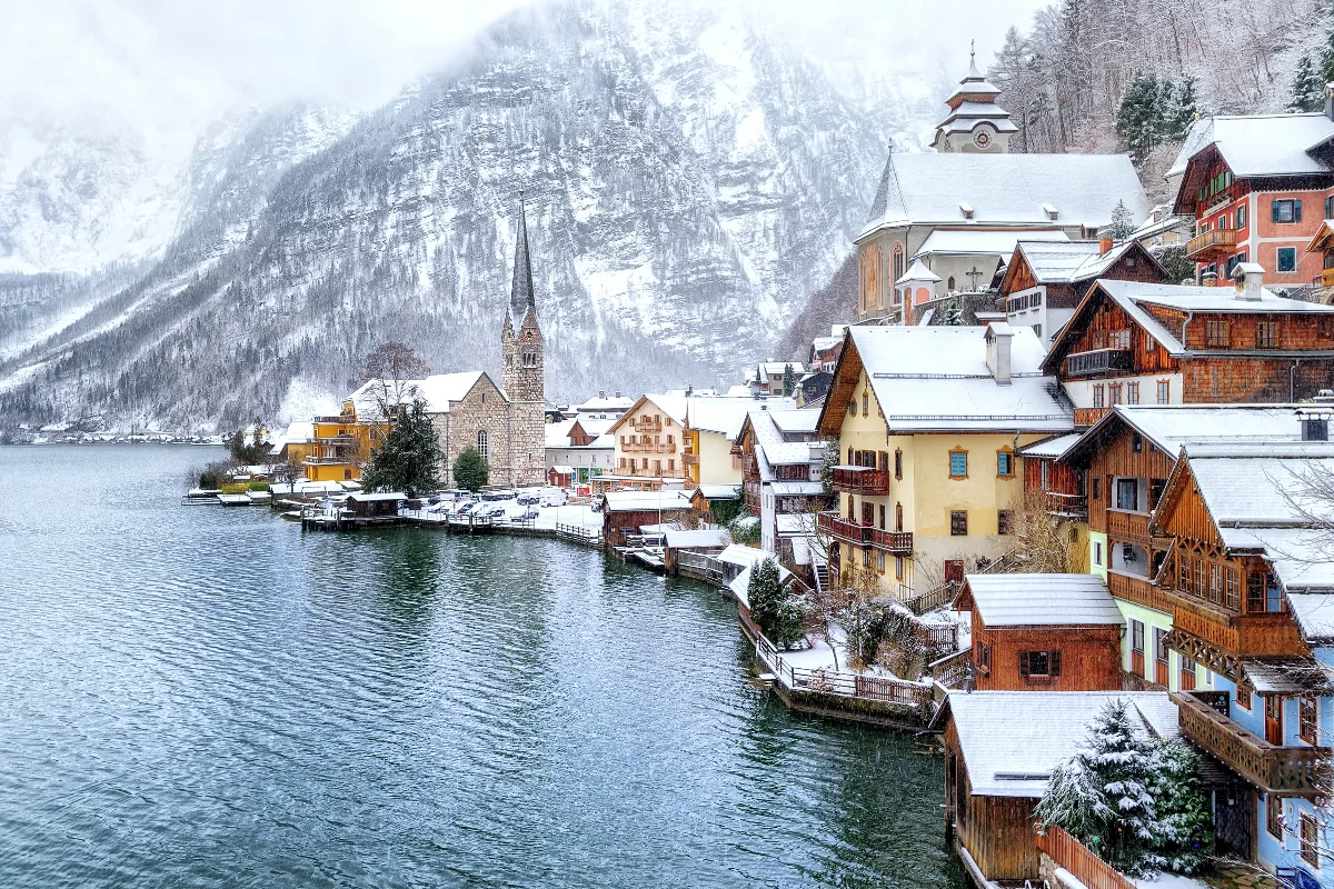 picture perfect postcard view of hallstatt in austria at christmas 