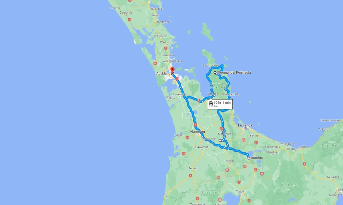 New Zealand North Island Road Trip Map on Google Maps covering the most important stops on the island for a 5 day itinerary