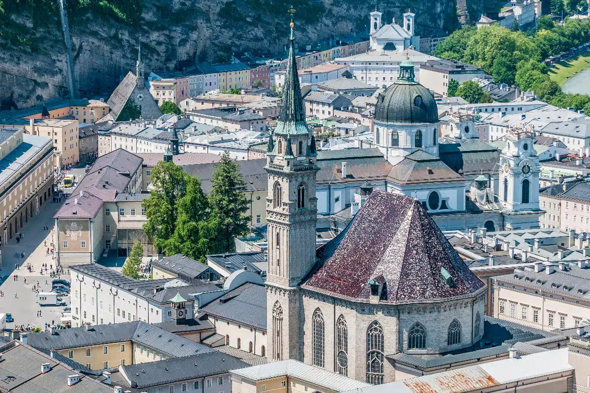 drone shot of the franciscan church in austria 
