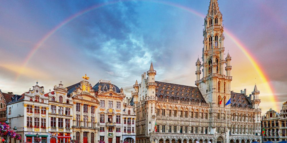 brussels in march with rainbow