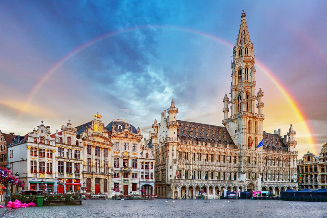 brussels in march with rainbow