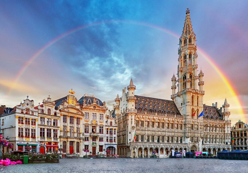 brussels in march with rainbow