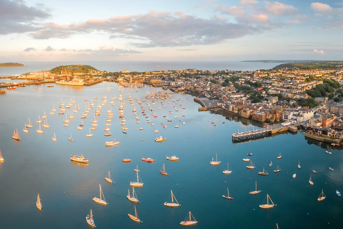 beautiful drone shot of falmouth in cornwall from a road trip view from pendennis castle